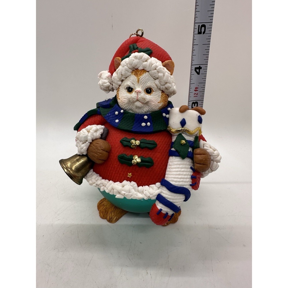 Handcrafted Christmas Cat Ornament Orange Tabby Santa Bell Polymer Clay‎